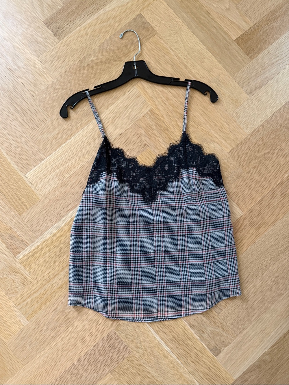 Abercrombie & Fitch Plaid Lace-Trim Cami in Black and Gray with Pink Accents